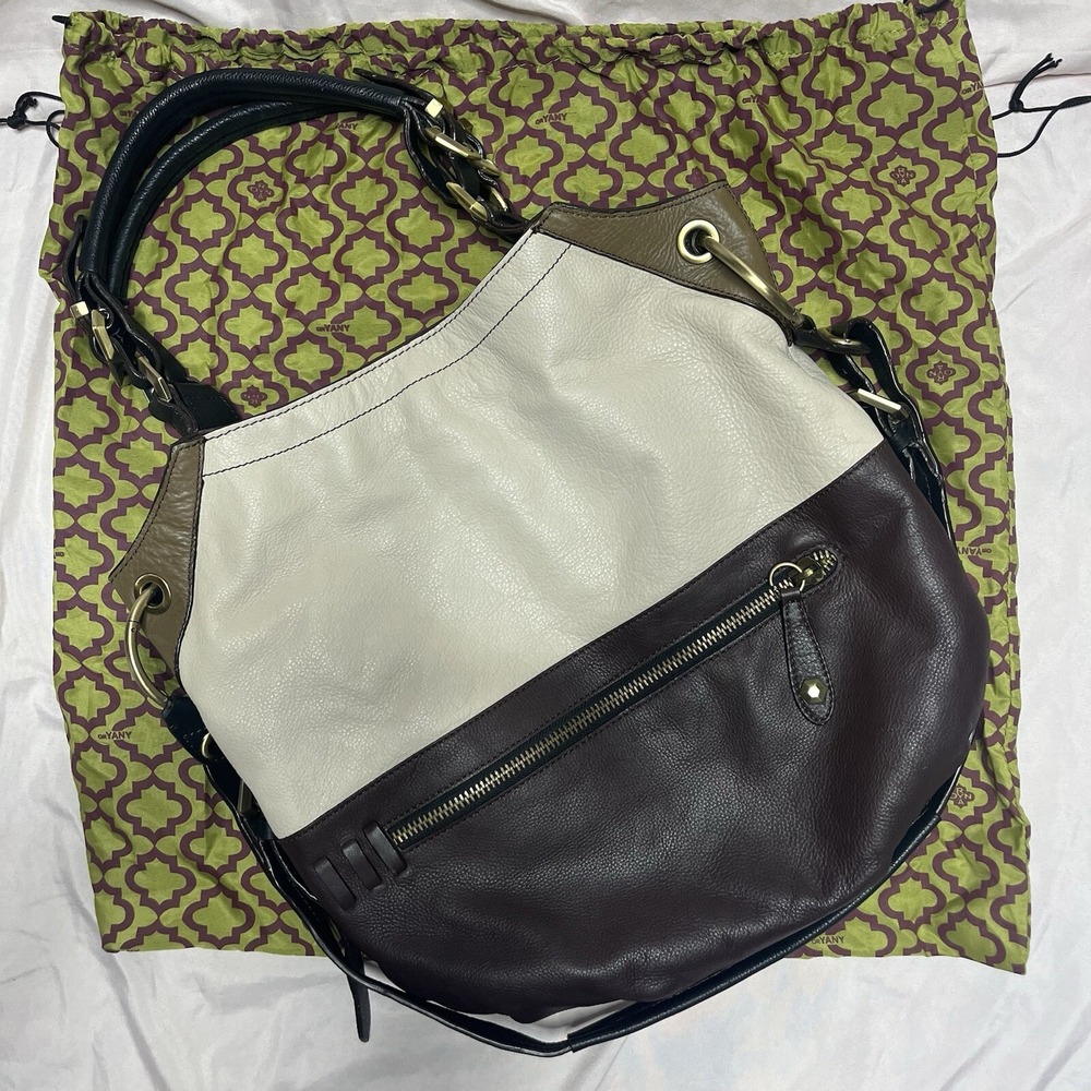 orYANY Colorblock Leather Hobo Bag Brown Cream Olive Gold Hardware Shoulder Bag
